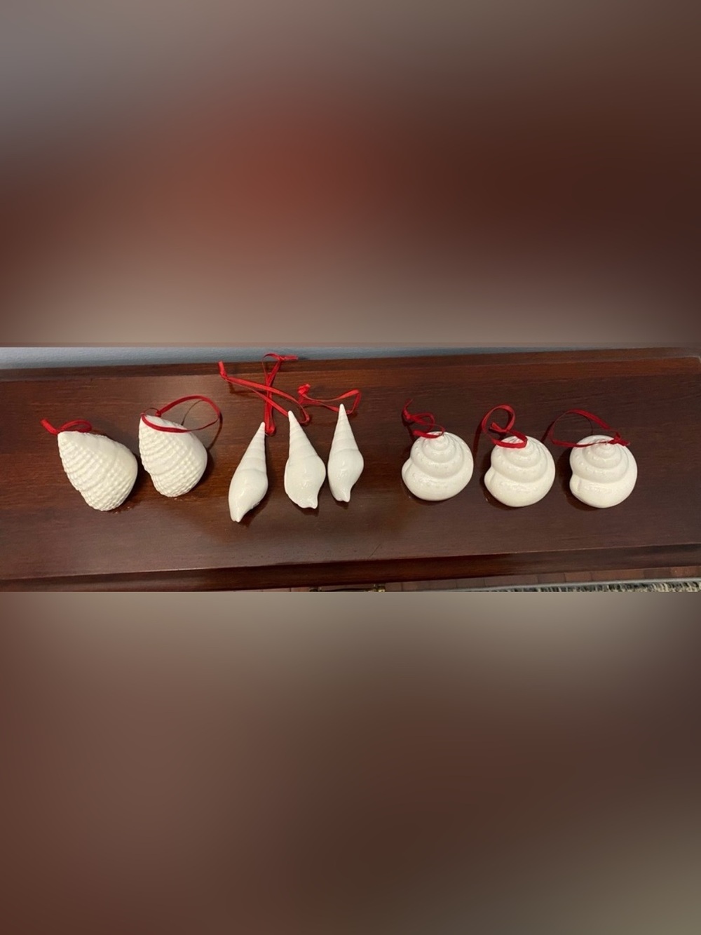 Midwest Nautical Sea Shells Cream Red Ribbon Beach Set of 8 Christmas Ornaments